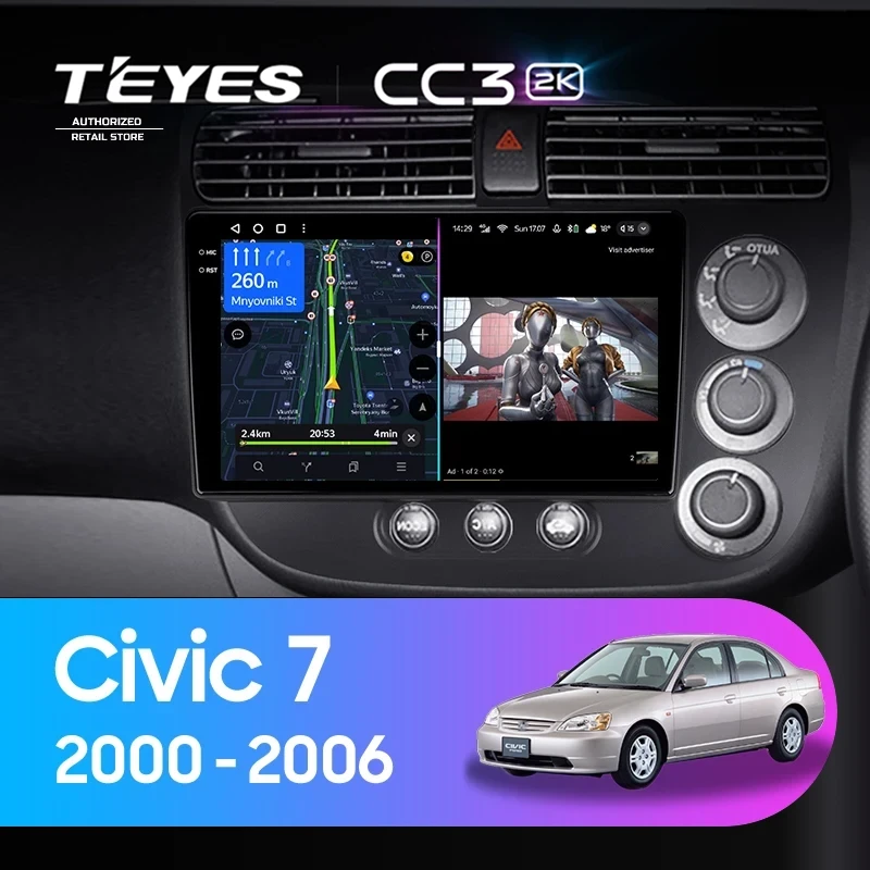 Штатная магнитола Teyes CC3 2K 4/64 Honda Civic 7 (2000-2006) F2 Правый руль